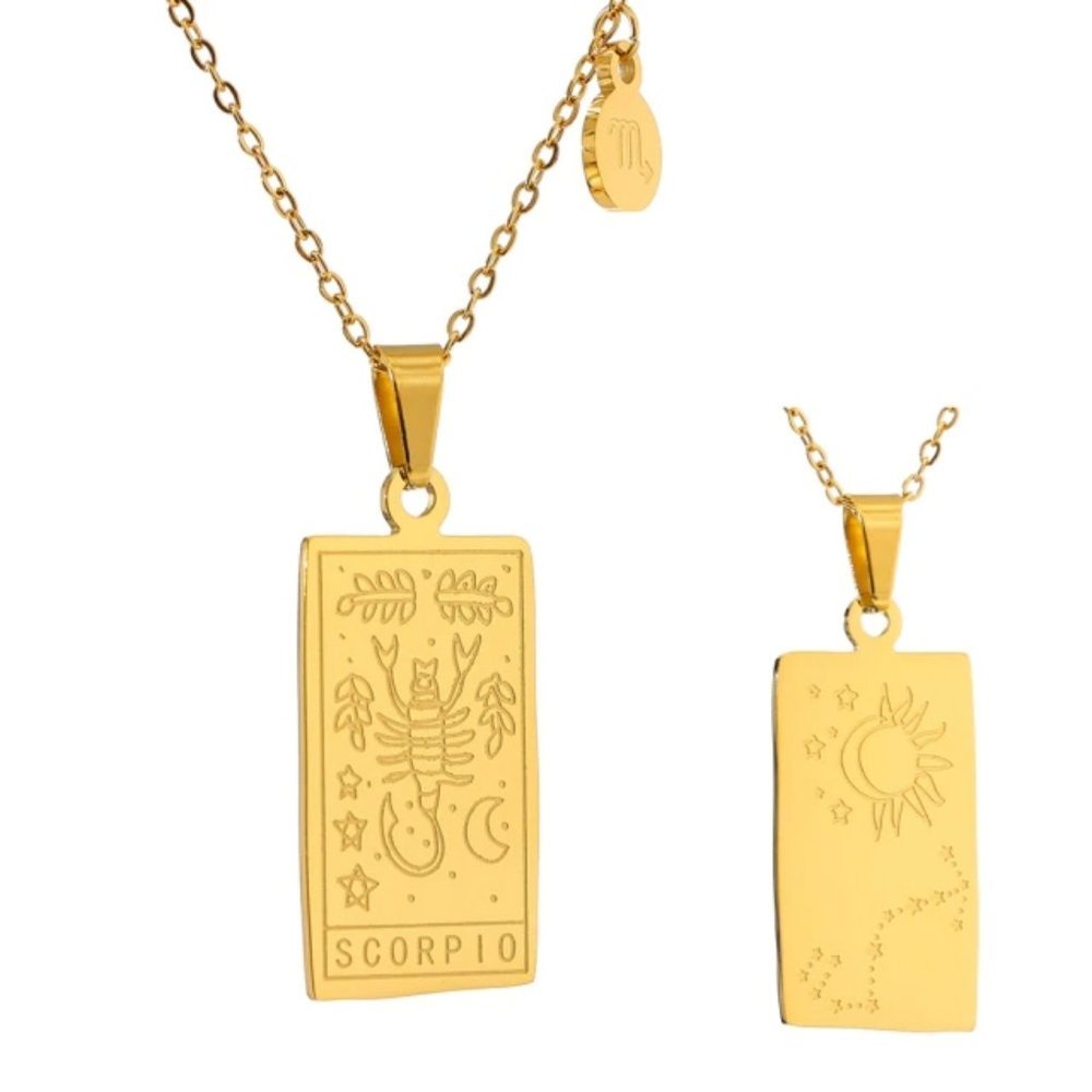 NEW 18K Gold Plated Scorpio Sign Zodiac Tarot Card Square Pendant Ne… - Picture 1 of 14